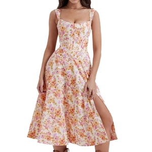 Floral A-line midi dress with orange floral print, square neck and side slit detail