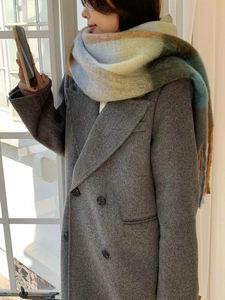 Close-up of rainbow plaid tassel scarf styled with a grey double-breasted wool coat