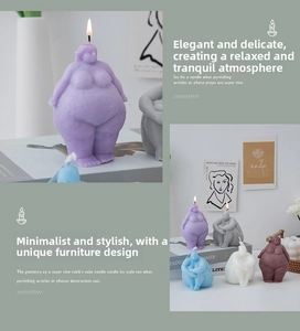 Detail of female torso scented candles in purple, blue and beige matte finish