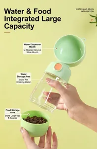 Detail of portable green pet water bottle with snack food container and wide drinking trough