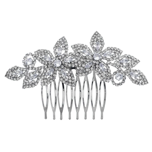 Peigne à cheveux de mariée argenté avec fleurs en zircon et motifs de feuilles pour mariage