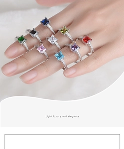 Close-up of square cut zircon rings in various colors with a four-prong silver band