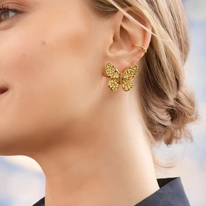 Elegant 18k gold plated stainless steel hollow butterfly stud earrings for women