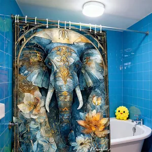 Detail of artistic elephant pattern shower curtain with gold lotus accents in blue bathroom