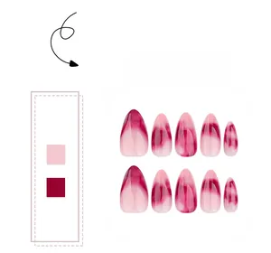 Détails de faux ongles amande à dégradé marbré rouge vin avec une finition brillante