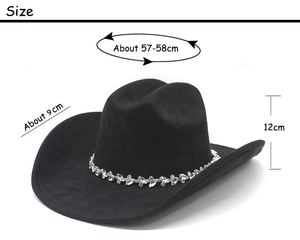 Black suede wide brim hat with crystal leaf band detail and 9cm brim size specifications