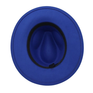 Internal view of royal blue fedora hat showing label for 65% cotton and 35% polyester