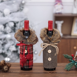 Festive Christmas wine bottle covers in red plaid and brown herringbone fabric styles