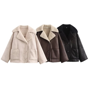 Detailed comparison of sheepskin faux fur jackets in beige, dark brown, and black colors
