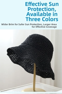 Detailed texture of black hand-woven straw sun hat on a golden stand in bright indoor setting