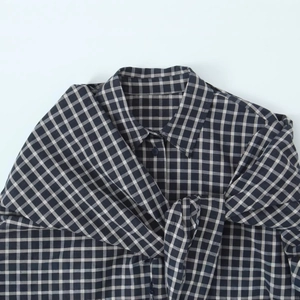 Navy blue and white plaid long sleeve shirt with classic collar and fine grid pattern