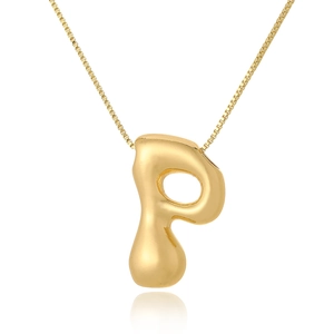 Detailed view of shiny gold bubble letter P pendant with a sleek box chain design