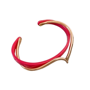 Minimalist double layer geometric open bangle with red enamel and gold plating
