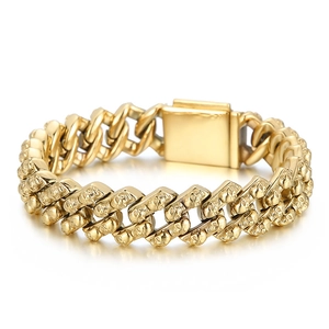 Men's retro gold-plated skull embossed Cuban link chain bracelet with box clasp closure