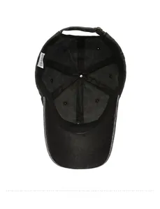 Internal view of a washed cotton baseball cap featuring six panels and a metal buckle