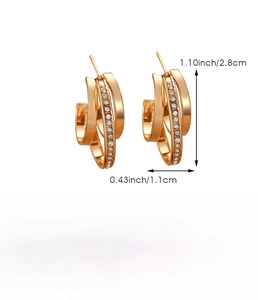 Detailed view of gold alloy C-shape hoop earrings with crystal inlay and size metrics
