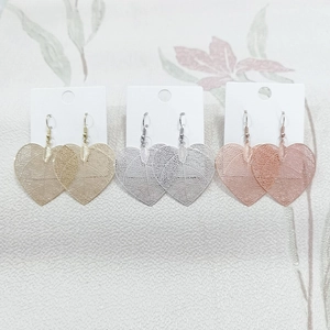 Chic hollow heart leaf vein dangle earrings in gold, silver and rose gold finishes