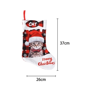 Red buffalo plaid Christmas stocking with cat print for festive home fireplace decor
