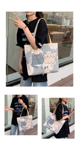 Close-up of a beige canvas tote bag featuring cute cartoon cat illustrations for daily use