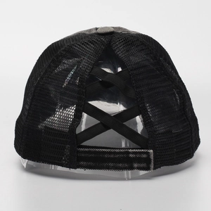 Black mesh ponytail baseball cap with criss-cross elastic bands and velcro strap back