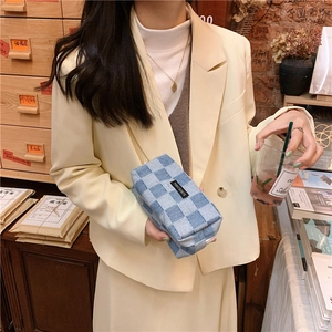 Blue and white checkered canvas stationery bag with a secure zipper and woven label