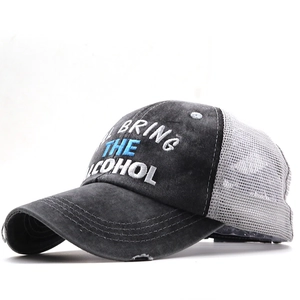 Distressed charcoal baseball cap with mesh back and I'll Bring The Alcohol embroidery