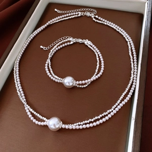 Detail of a double-layer pearl jewelry set featuring round pearls on silver chains