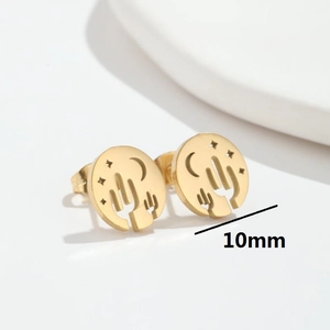 Minimalist gold circle stud earrings featuring hollow star moon and cactus 10mm diameter