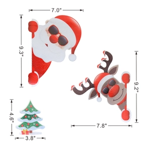 Detailed dimensions of Santa, reindeer, and tree magnetic reflective holiday stickers