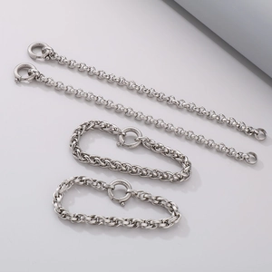 Detailed close-up of four silver stainless steel chain styles with spring clasps