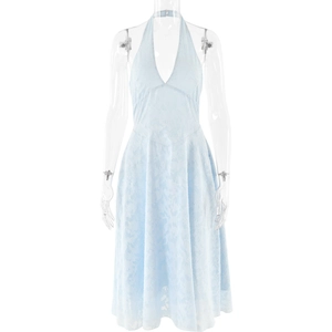 Elegant light blue halter neck evening dress with V-neckline and backless slim fit design