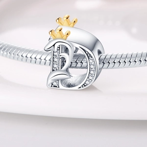 Macro view of silver letter D charm with golden crown and sparkling zircon on a snake chain