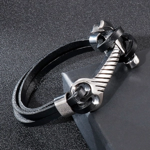 Men's double-layered black leather bracelet with silver hammer-shaped metal buckle