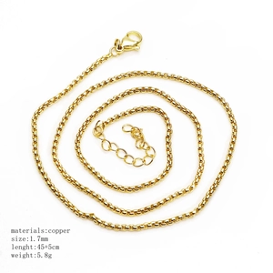 Detailed view of 1.7mm golden copper bead chain with 45+5cm length and polished finish