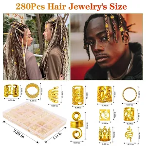 280pcs gold hair jewelry set with assorted dreadlock cuffs and charms in a storage box