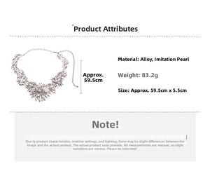 Detailed view of large pearl floral necklace with alloy leaves and dimensions 59.5cm