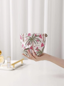 Tropical palm and watermelon jacquard fabric cosmetic bag with gold floral zipper