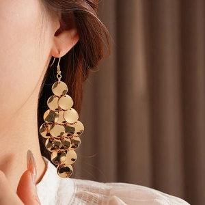 Fashionable gold layered round sequin tassel drop earrings for women stylish jewelry