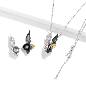 S925 silver gothic angel and demon skull pendant necklace in black and silver split tones