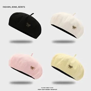 Beret Hat For Women Winter Warm Polyester Knitted Solid Color With Metal Bowknot Elegant Japanese Style Painter Hat