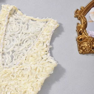 Detailaufnahme der 3D-Blumenstickerei aus Spitze und transparentem Netz in Hellgelb