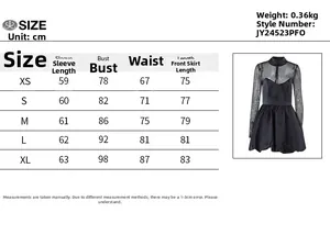 Size chart for black mesh mini dress with sleeve, bust, waist, and length in cm