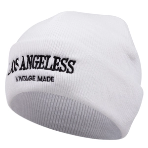 Classic white ribbed knit beanie with Los Angeles Vintage embroidery for winter warmth