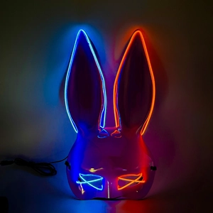 LED glow bunny mask with neon blue and orange light for Halloween cosplay and party