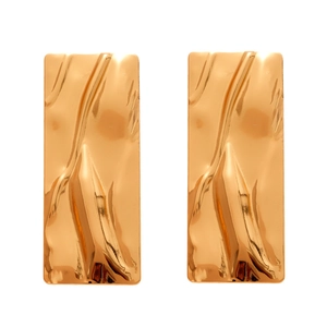 Golden rectangular metal stud earrings with liquid texture and elegant embossed finish
