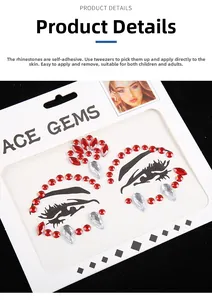 Détail de bijoux de visage adhésifs avec strass rouges et argentés en goutte