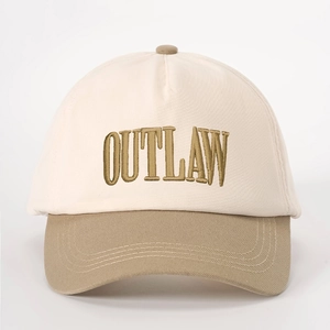 Close-up of OUTLAW 3D embroidery on two-tone cotton twill baseball cap crown