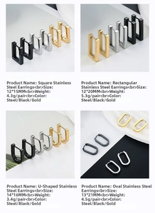 Detailed view of geometric stainless steel earrings in square, oval and U-shaped sets