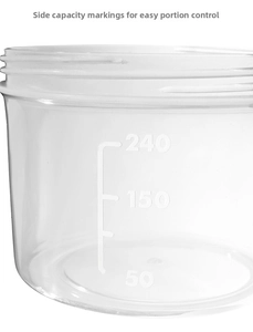 Detail of transparent food container showing clear embossed capacity scale markings