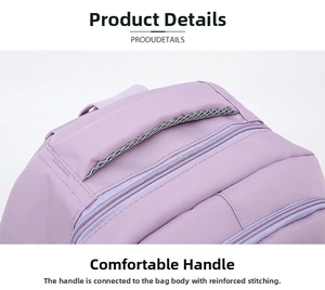 Close-up of purple backpack top handle with breathable mesh and reinforced stitching